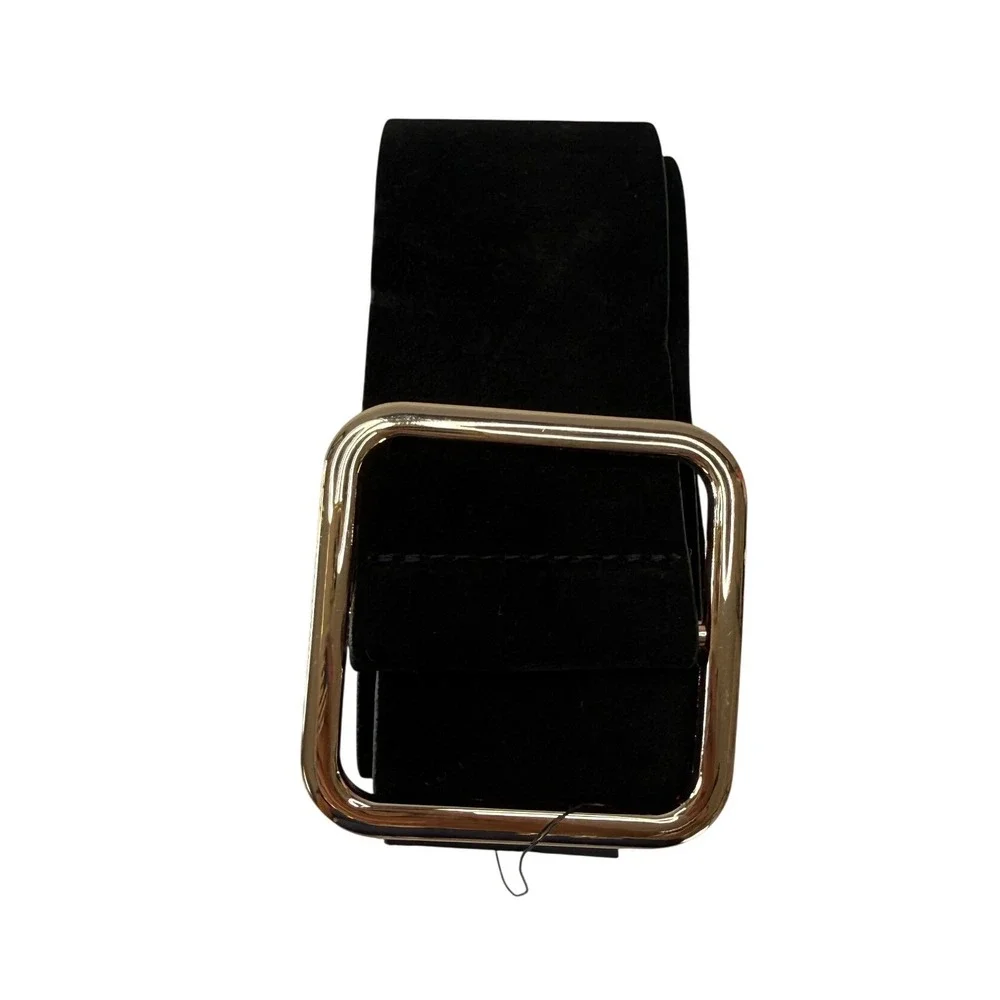Club Monaco Womens Black Suede Cow Leather Wide Waist Belt Gold Buckle M/L New